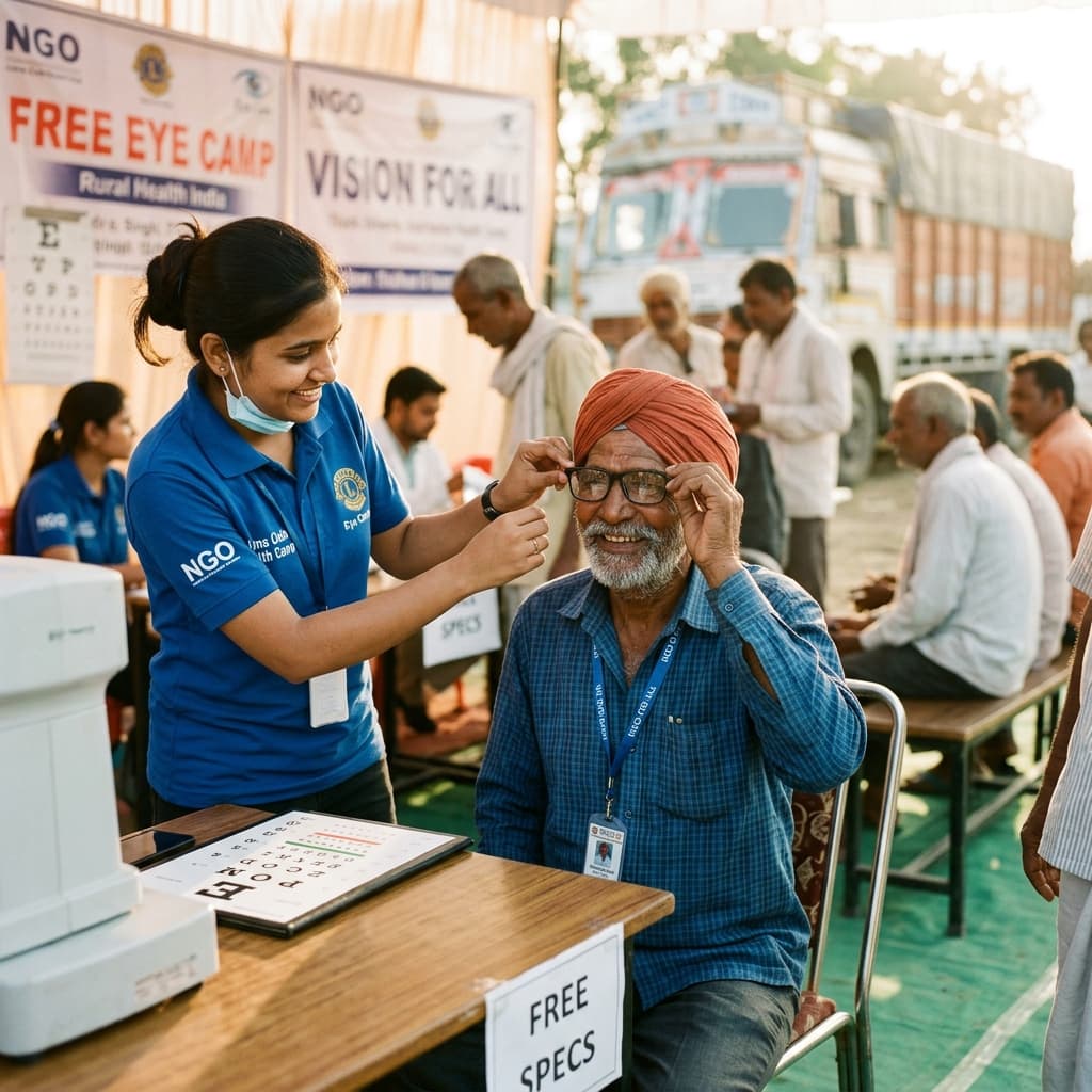 Truck driver receiving free spectacles at PSF health camp